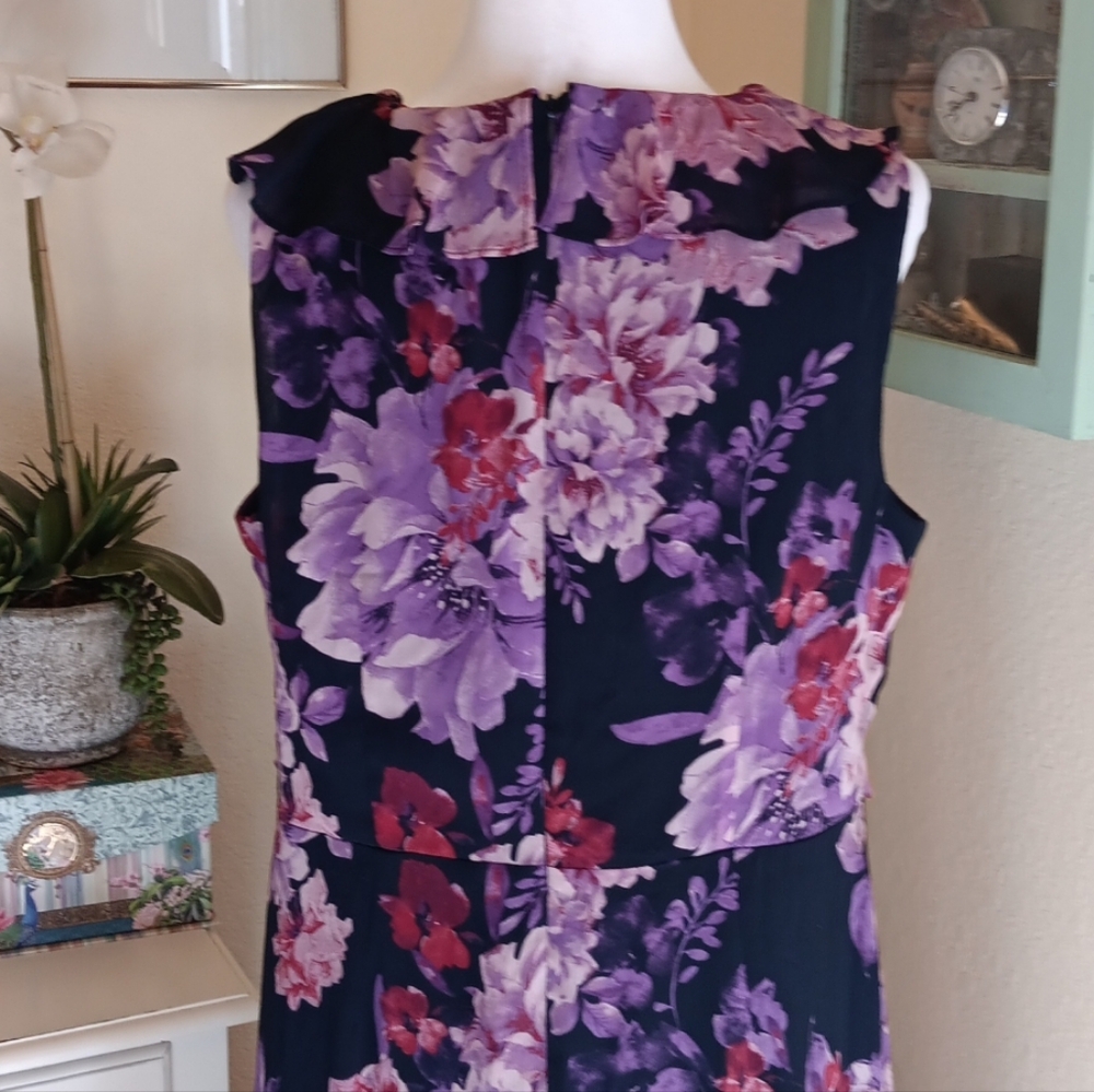 London Times Dark Floral Ruffled Midi Dress. Wedding Guest, Garden Party - Picture 9 of 14